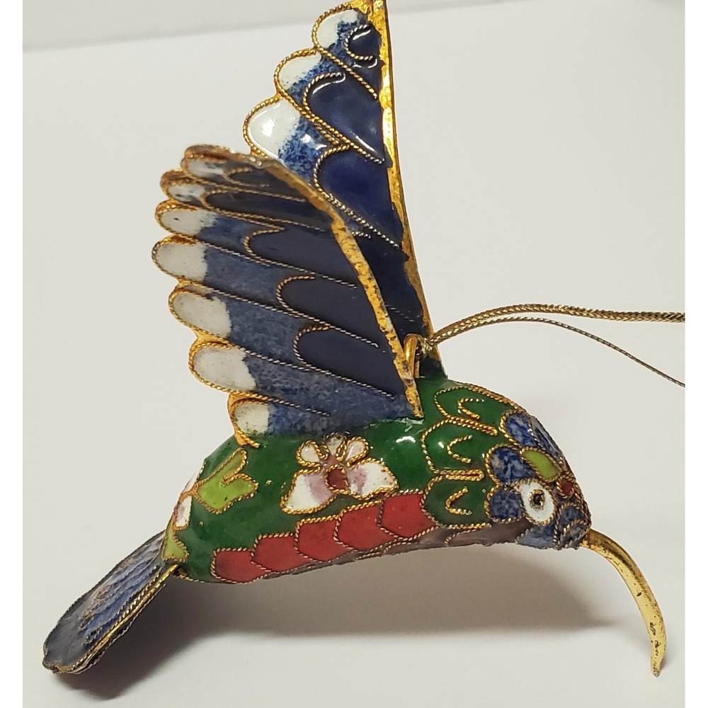 Enameled Cloisonne Christmas Ornament Hummingbird Gold Edge Feathers Multicolor - Picture 2 of 13